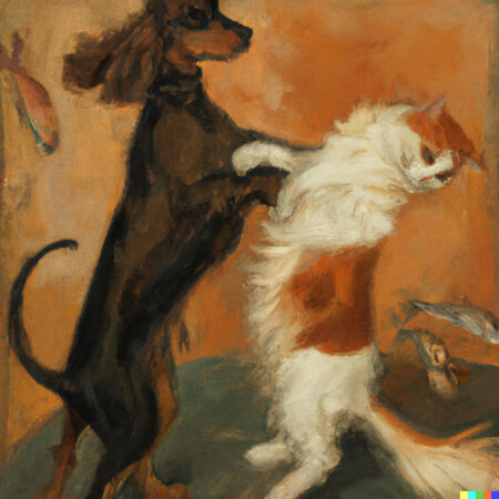 DALL·E 2022-06-06 23.55.41 - an orange and white english cocker spaniel dancing tango with a dark brown stripped cat, painting by Degas