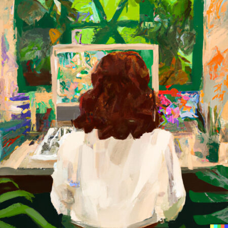 DALL·E 2022-06-19 19.38.54 - painting in the style of Monet of the back of a female graphic designer working at her desk surrounded by plants