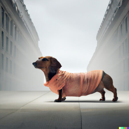 DALL·E 2022-06-19 19.58.20 - a chubby little dachshund on the runway of Paris' fashion week photographed from below, digital art